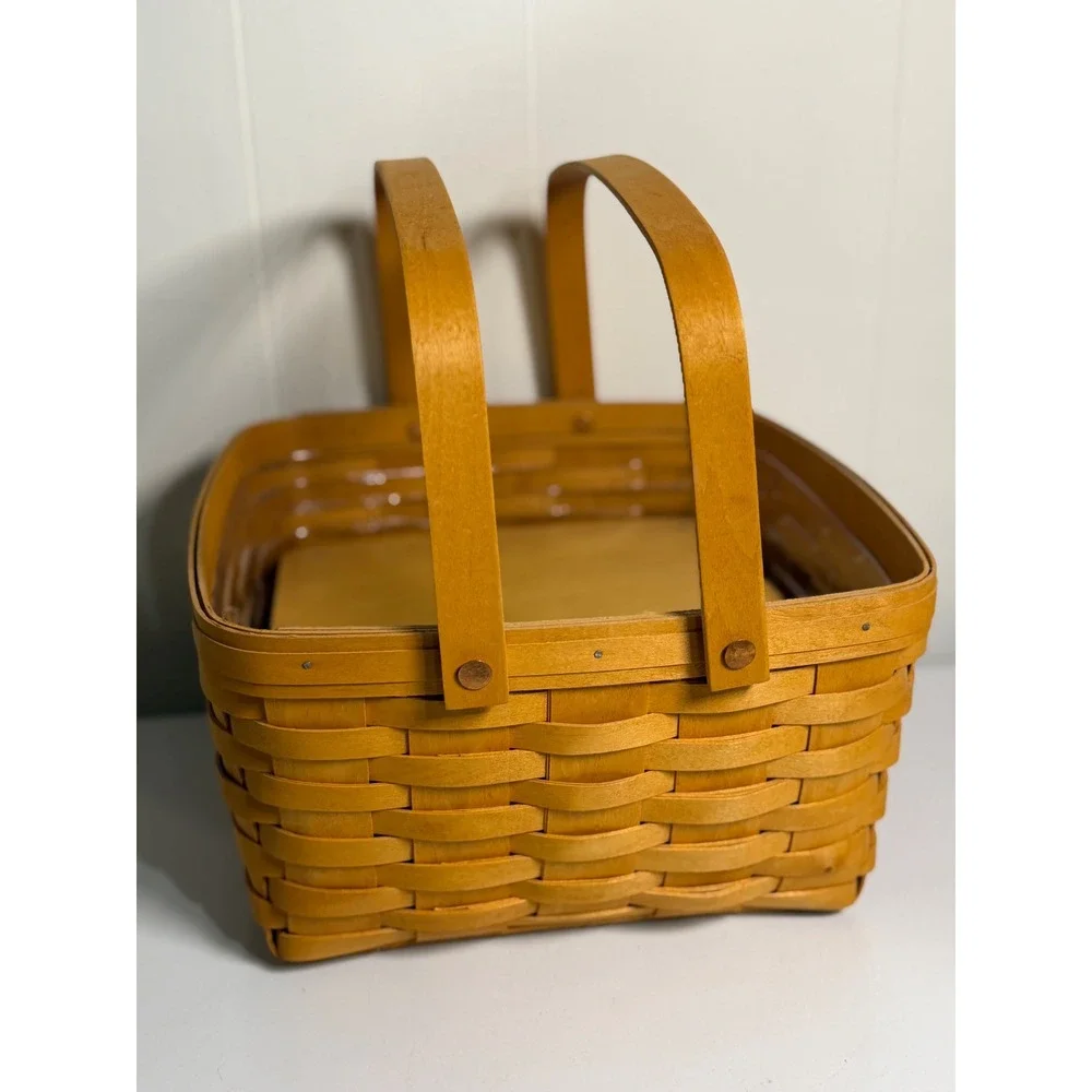 VTG Longaberger Basket Woven Wood Brown Picnic Storage Liner Riser 2002